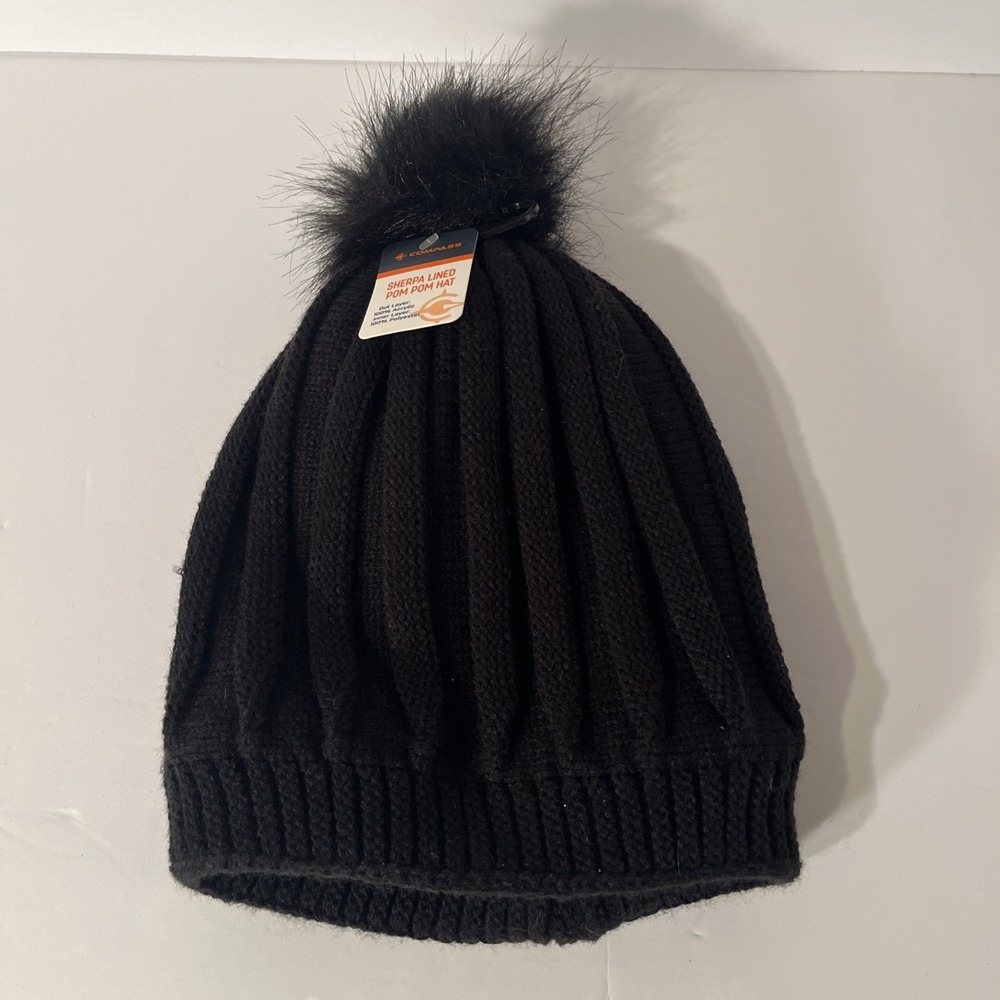 NWT Compass Beanie Cap Sherpa Lined Pom Pom Ribbed Knit Hat One size NWT Black